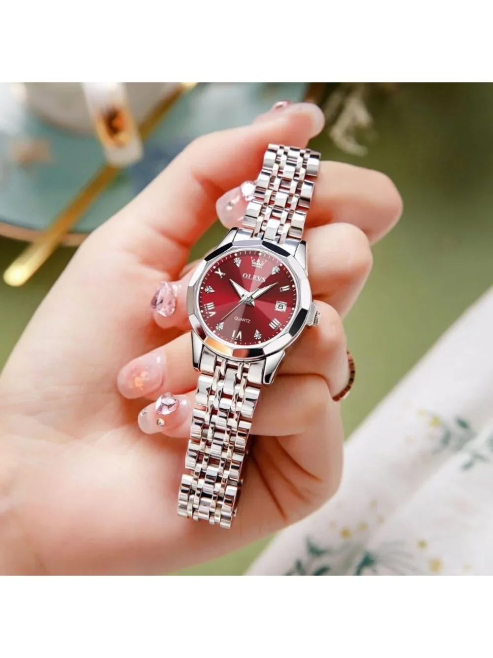 Women's Red Diamond Analog Stainless Steel Waterproof Luminous Wrist Watch